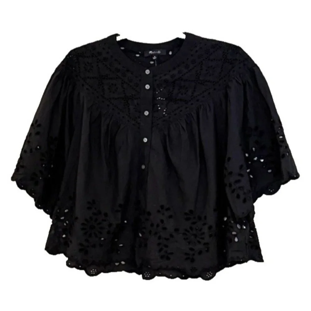 Madewell Black Eyelet Button-Front Blouse - Picture 2 of 8